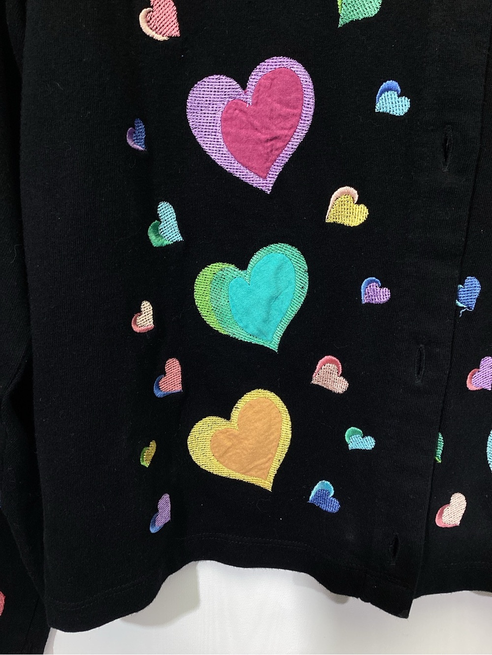 Michael Simon Lite Rmbroidered Heart Cardigan Button Small Whimsical Black - Picture 4 of 8